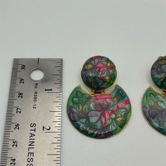 Vintage Green & Pink Swirl Enamel Doorknocker Pierced Dangle Earrings 1980s - Picture 10 of 11